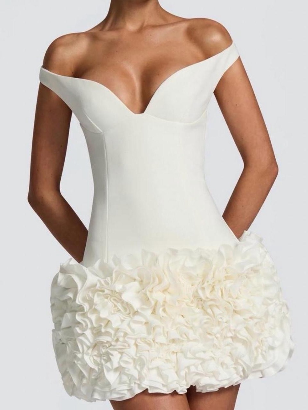 Off-Shoulder Cream Ruffle Bubble Mini Dress